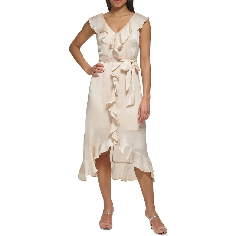 DKNY Womens Ruffled Mid Calf Midi Dress Stylish Cold Shoulder Midi Dress