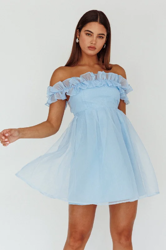 Dreamers Off-Shoulder Frill Mini Dress Light Blue Stylish Short-Sleeve Mini Dress