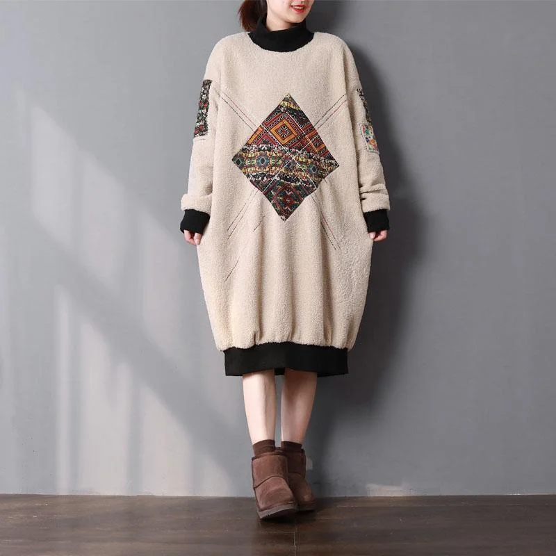 Elegant beige warm spring maxi dress Turtleneck cotton clothing patchwork dress