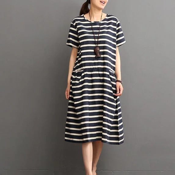 Elegant blue striped  linen shift dresses plus size linen maxi dress Fine o neck short sleeve linen dresses