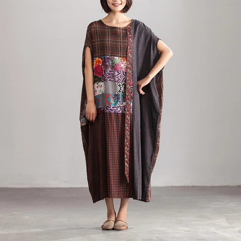 Elegant Linen Maxi Dress Stylish Linen Loose Baggy Plaid Brown Summer Dress Women ( Limited Stock)