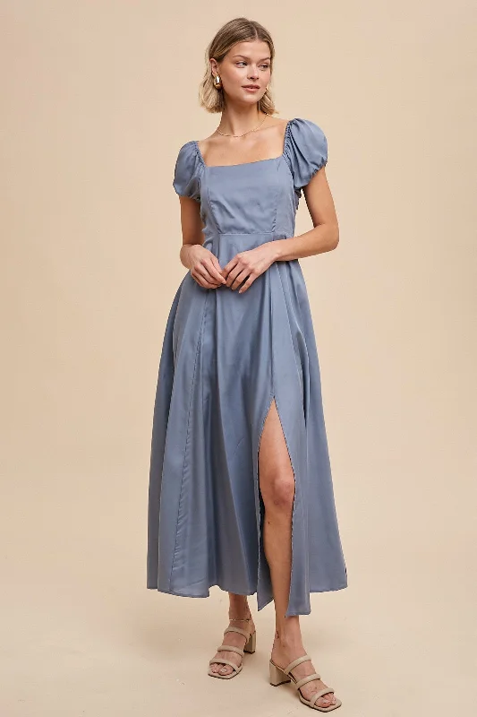 Elemental Blue Linen Blend Maxi Dress With Corset Back