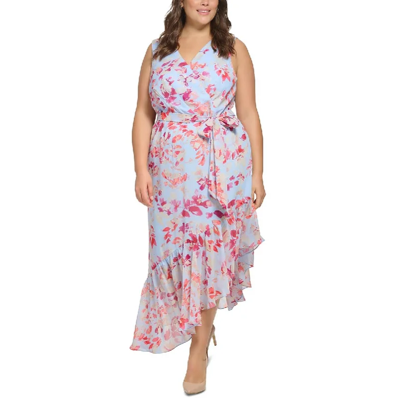 Eliza J Womens Plus Chiffon Asymmetric Midi Dress Cozy Spaghetti Strap Midi Dress
