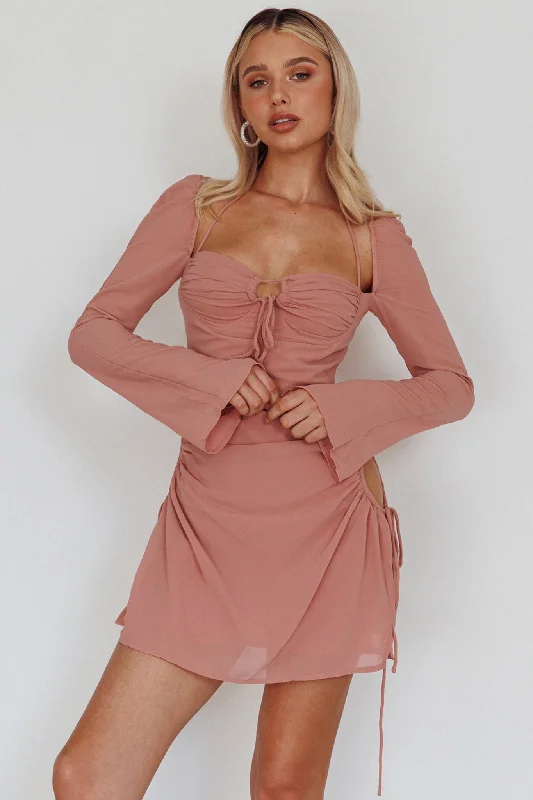 Etta Drawstring Long Sleeve Mini Dress Blush Stylish Short-Sleeve Mini Dress