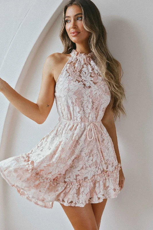 Ever After Halterneck Elasticated Waist Lace Mini Dress Apricot Classic Striped Mini Dress