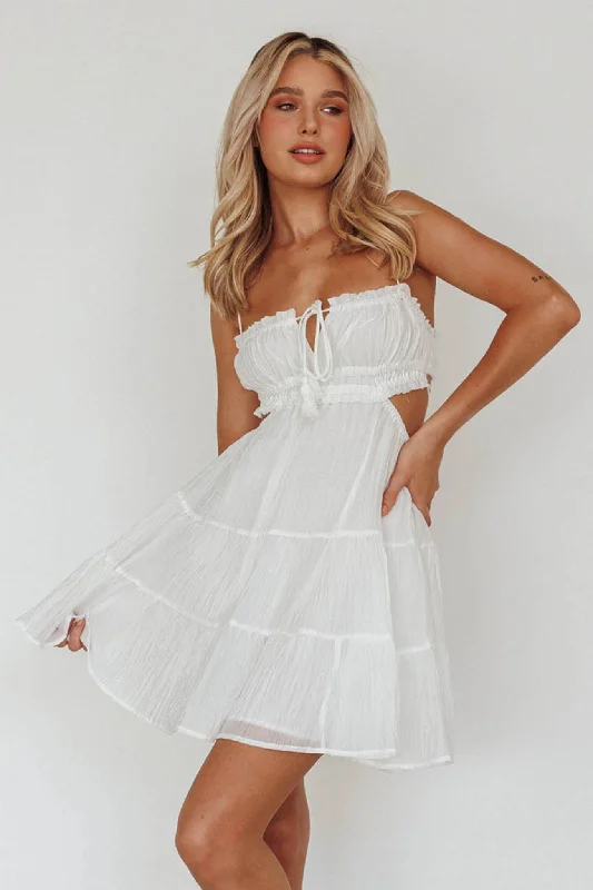 Eyona Cut-Out Waist Tie Mini Dress White Trendy Button-Detail Mini Dress