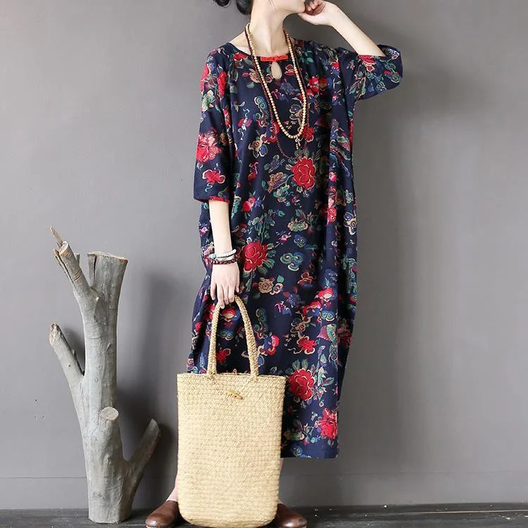 fall navy floral casual cotton maxi dress oversize vintage o neck women dresses