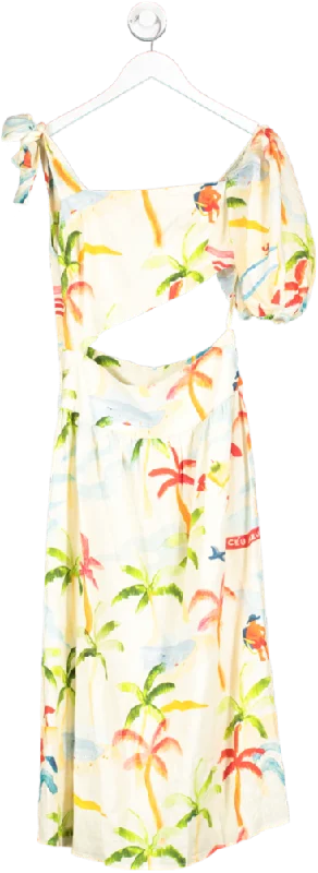 Farm Rio Yellow Copabacana Palm Tree Print Cut Out Midi Dress UK XS Fashionable Sheer Sleeve Midi Dress