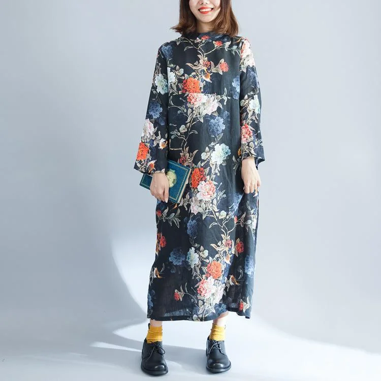 fashion black print cotton linen maxi dress plus size O neck baggy dresses cotton linen gown 2018 long sleeve pockets maxi dresses