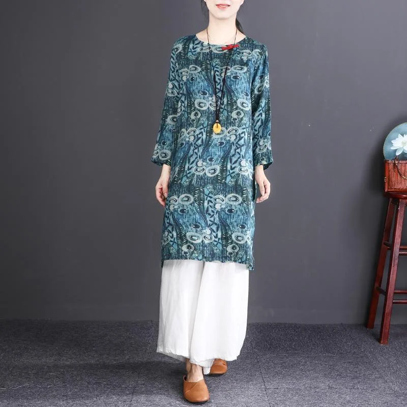 fashion blue print Midi-length linen dress oversized casual short sleeve O neck midi dress Trendy Boho Midi Dress fashion blue print Midi-length linen dress oversized casual short sleeve O neck midi dress Trendy Boho Midi Dress
