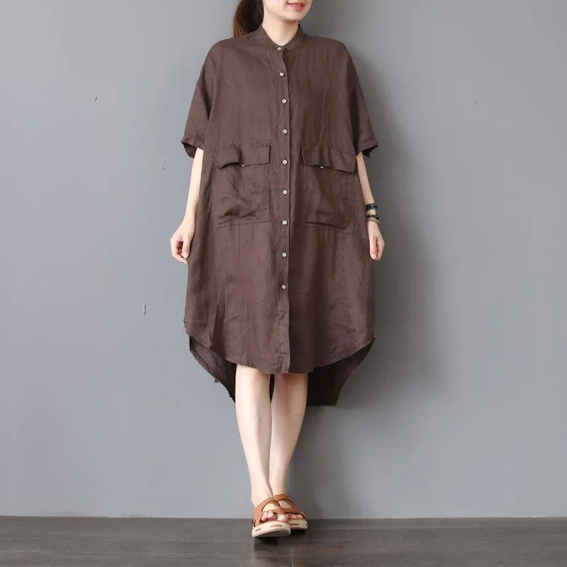 fashion chocolate linen dresses oversize linen cotton dress vintage low high design lapel collar midi dress Elegant Sleeveless Midi Dress fashion chocolate linen dresses oversize linen cotton dress vintage low high design lapel collar midi dress Elegant Sleeveless Midi Dress