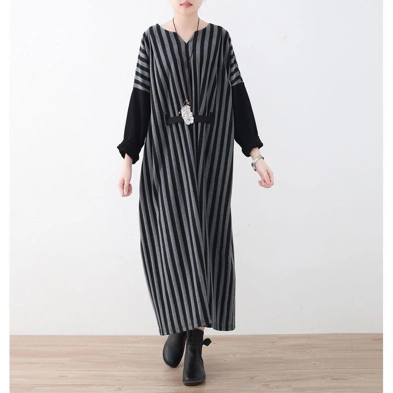 fashion gray striped long cotton dress plus size V neck tie waist cotton clothing dress Batwing Sleeve maxi dress