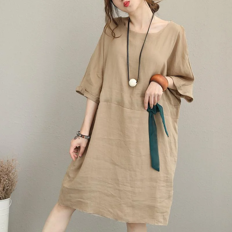 fashion khaki linen dresses plus size O neck half sleeve linen maxi dress top quality tunic baggy dresses