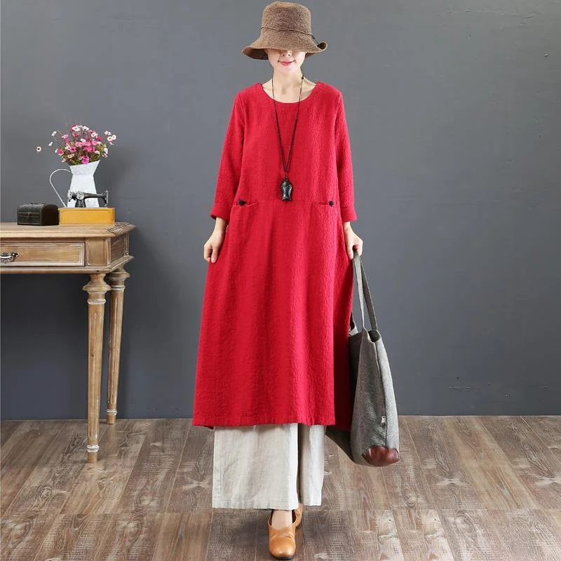 fashion red long cotton dresses Loose fitting o neck gown top quality pockets Chinese Button maxi dresses