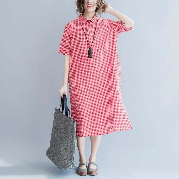 fashion red plaid long linen dresses oversized side open cotton maxi dress Elegant short sleeve traveling dress