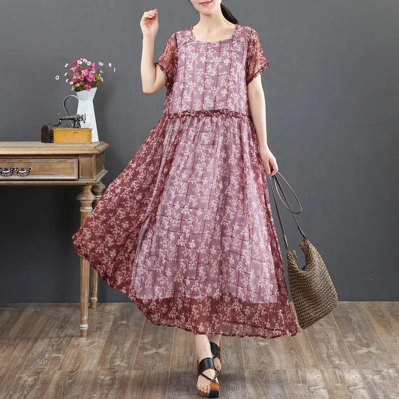 Fashion Summer Maxi Dress Fake Two-piece Short Sleeve Red Floral Dress