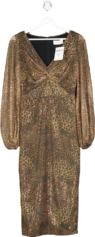 Fenn Wright Manson Brown Sequin Mesh Animal Print Midi Dress UK 8 Trendy Floral Wrap Midi Dress
