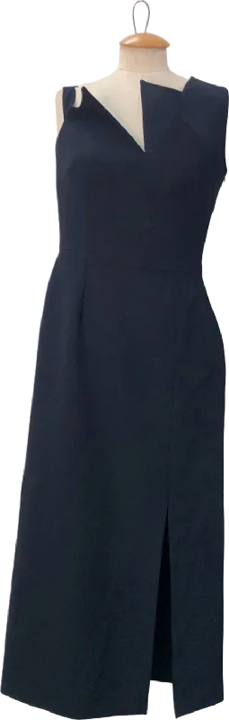 Filiarmi Black Asymmetrical Neck Midi Dress UK 8 Trendy Ruffle Hem Midi Dress