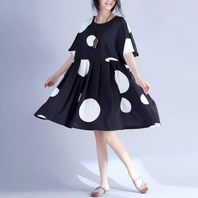 Fine Black Dotted Pure Cotton Dress Oversized Cotton Maxi Dress Casual O Neck High Waist Knee Dresses