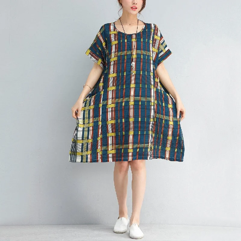 Fine blue linen shift dresses trendy plus size linen maxi dress New o neck wild plaid linen clothing dresses