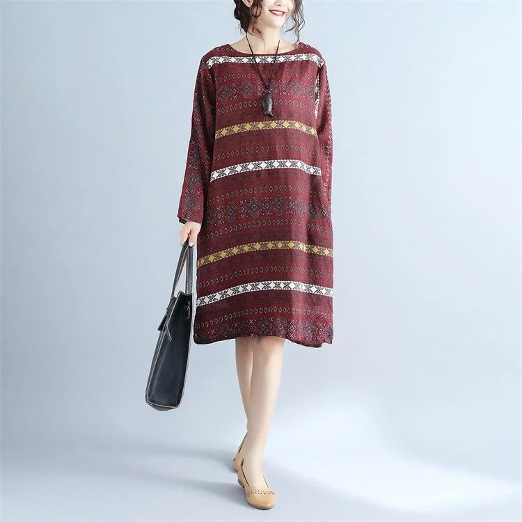 Fine burgundy striped prints linen knee dress casual linen clothing dress casual o neck long sleeve midi dress Trendy Tiered Hem Midi Dress Fine burgundy striped prints linen knee dress casual linen clothing dress casual o neck long sleeve midi dress Trendy Tiered Hem Midi Dress