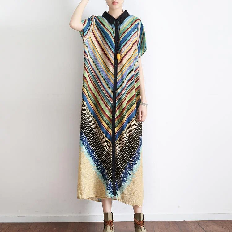 Fine green striped chiffon dresses plussize prints chiffon maxi dress vintage lapel caftans