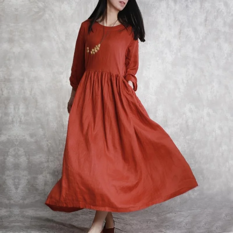 Fine orange  long linen dresses Loose fitting long sleeve gown top quality elastic waist maxi dresses