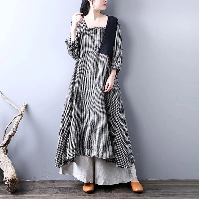 Fine Plaid Linen Maxi Dress Casual Long Sleeve Fall Dresses Fine Big Hem Caftans  ( Limited Stock)