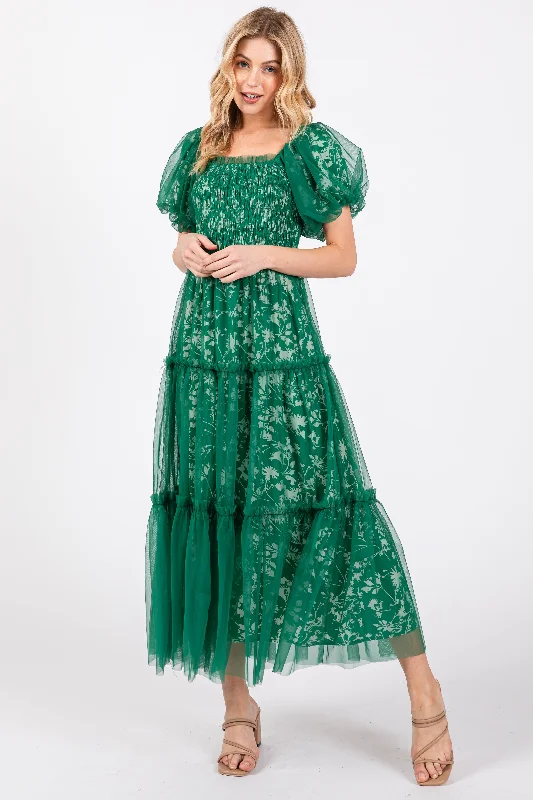 Forest Green Floral Lined Smocked Tulle Midi Dress Comfortable Short Sleeve Midi Dress Forest Green Floral Lined Smocked Tulle Midi Dress Comfortable Short Sleeve Midi Dress