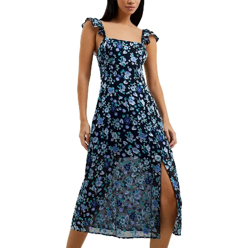 French Connection Womens Bette Floral Print Flutter Sleeve Midi Dress Cozy Midi Dress with Pockets