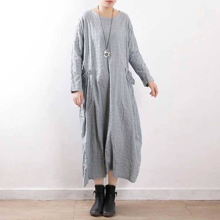 French o neck baggy dress linen cotton clothes plus size Runway light blue Maxi Dresses spring dress