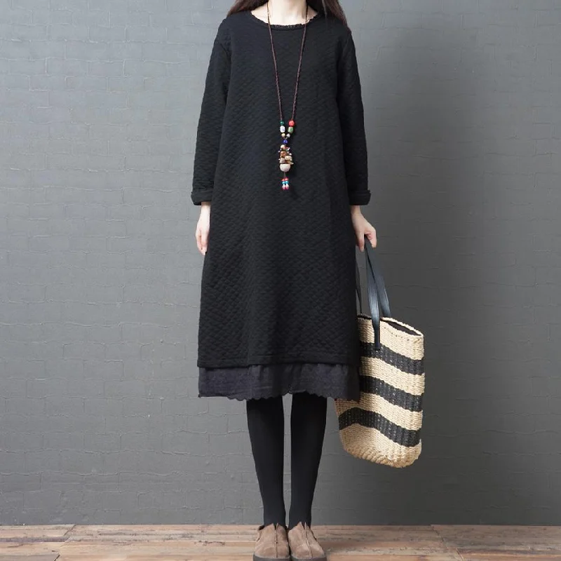 French o neck patchwork cotton clothes Women Wardrobes black Maxi Dress