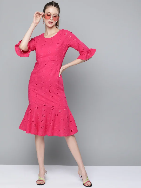 Fuchsia Schiffli Frill Hem Midi Dress