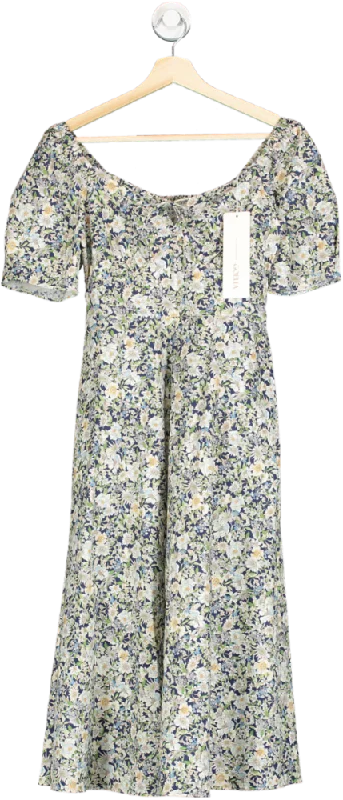 Goelia Blue Serene Garden Print Woven Midi Dress UK XS Trendy Tiered Hem Midi Dress