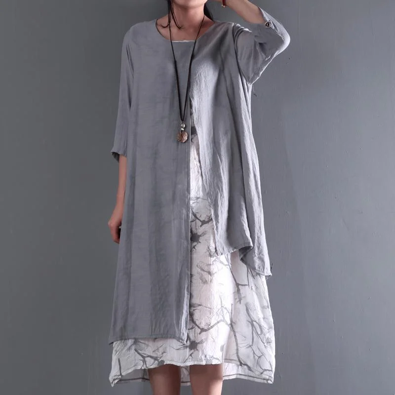 Gray long sleeve summer dress layered cotton maxi dresses plus size casual floral inside asymmetrical