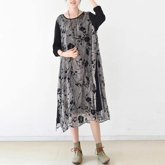 Gray Patchwork Chiffon Summer Dress Casual Plus Size Stylish Sundress Short Sleeve Maxi Dress