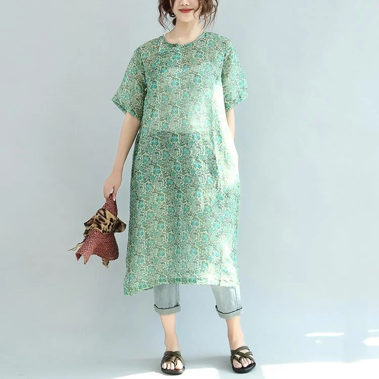 Green Floral Silk Linen Mandarin Dresses Plus Size Sundress Half Sleeve Maxi Dress