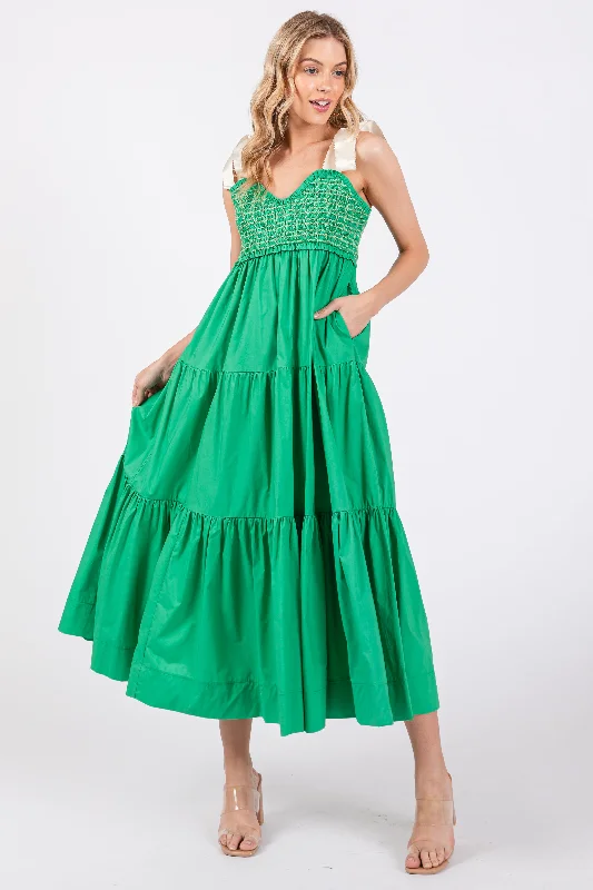 Green Ribbon Strap Tiered Maxi Dress