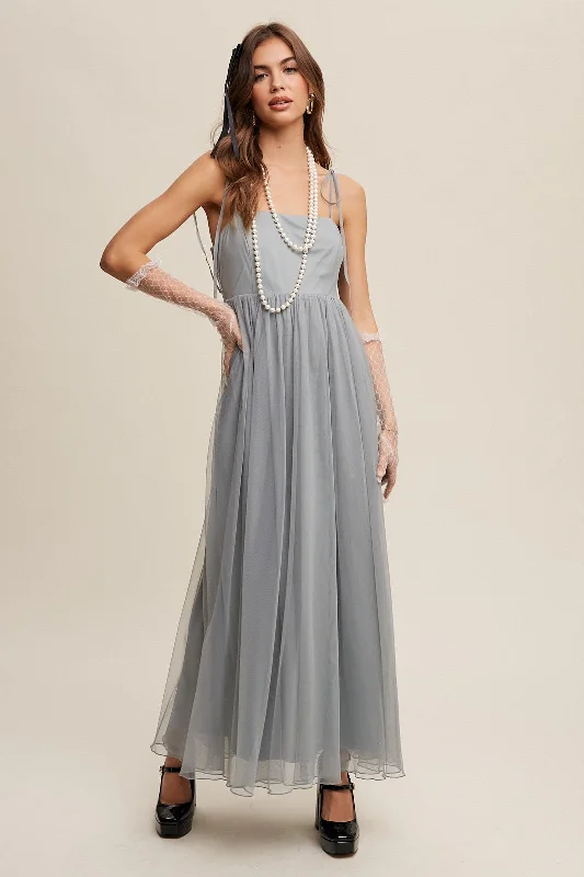 Green Square Neck Shoulder Tie Tulle Maxi Dress