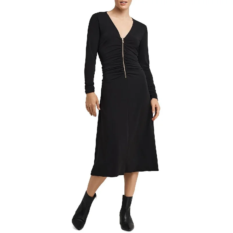 H Halston Womens Ruched Zip-Front Midi Dress Comfortable Ruched Midi Dress