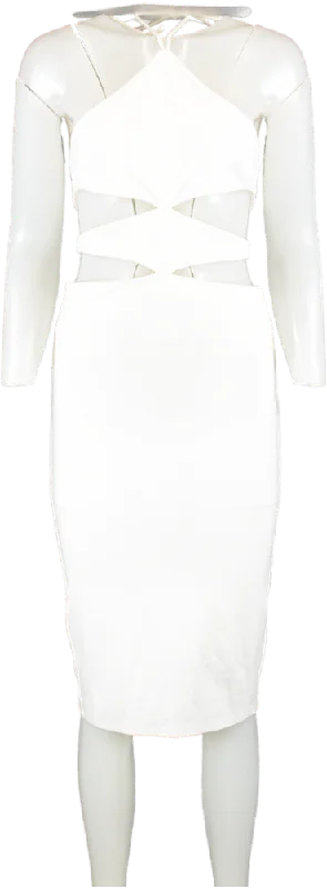h:ours White Halter Neck Midi Dress UK XS Trendy Midi Dress with Belt