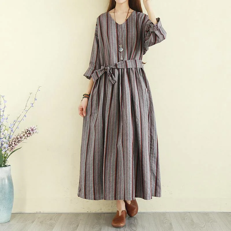 Handmade v neck tie waist cotton linen 18th Century Fashion Ideas gray red striped Maxi Dresses