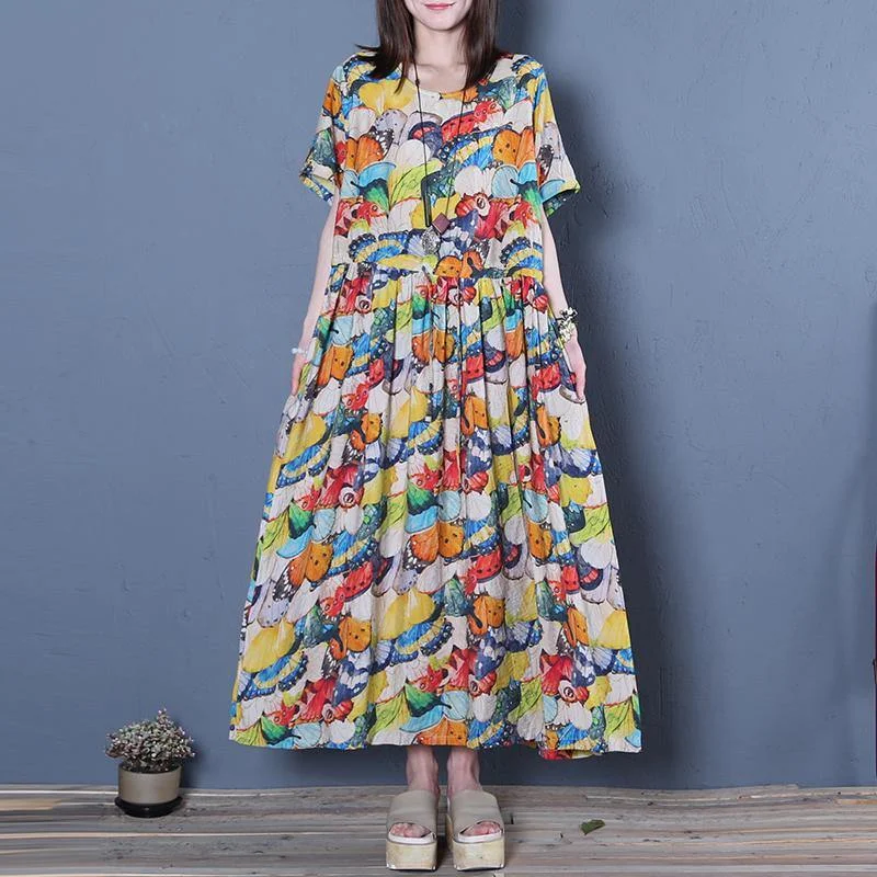 Handmade Wrinkled O Neck Cotton Clothes Linen Light Floral Maxi Dress Summer