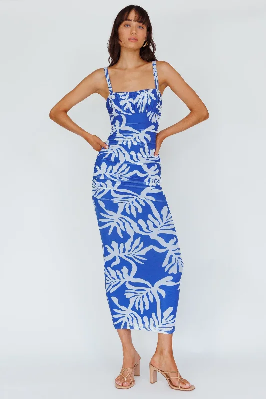 Hawaiian Sun Ruched Bust Midi Dress Print Blue