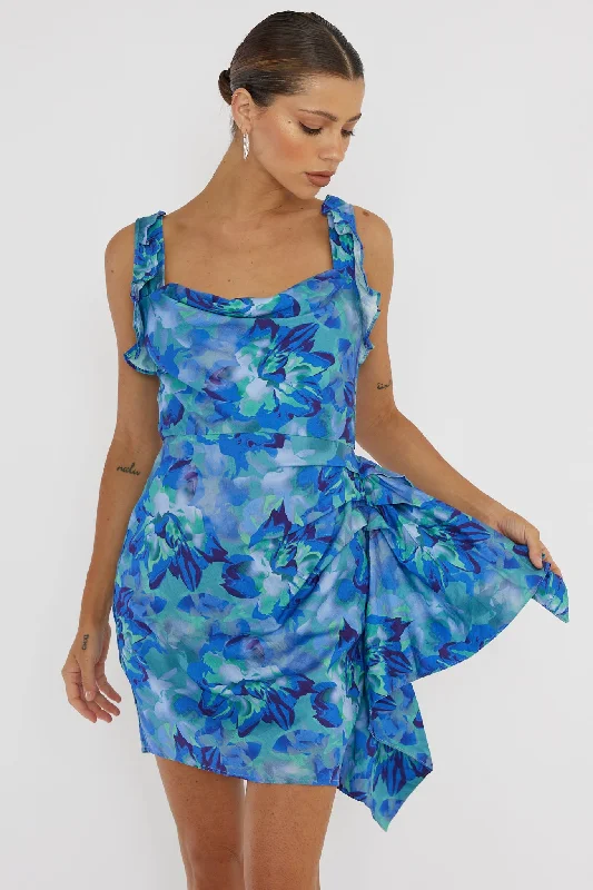 Heart Beat Ruffle Trim Mini Dress Blue Elegant Lace-Up Mini Dress