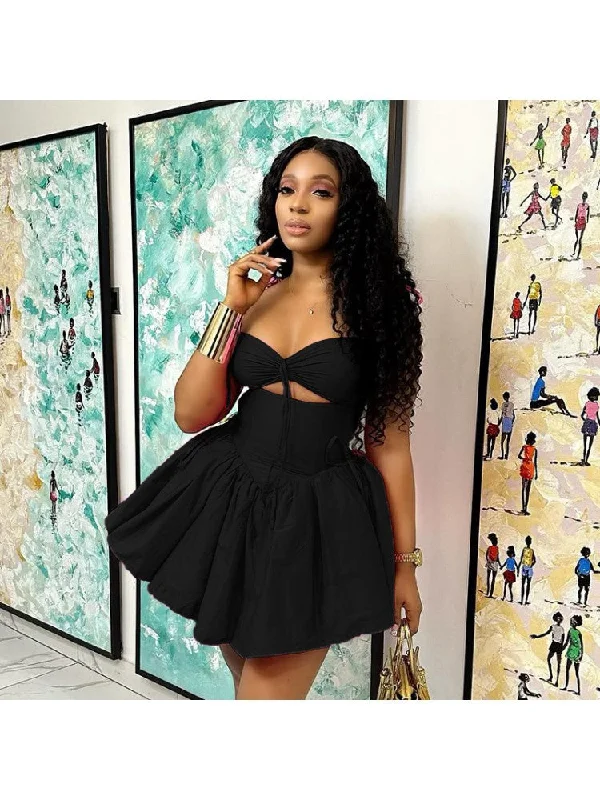 Hollow-out Ruched Spaghetti Straps Mini Dress Elegant Off-Shoulder Dress Mini