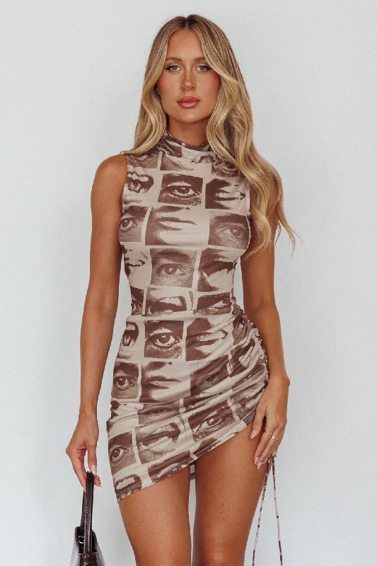 Hot Goss Sleeveless Ruched Mini Dress Print Brown Trendy Denim Mini Dress