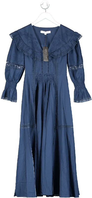 Hunter Bell Blue Selena Cotton Voile Ruffle Lace Midi Dress UK XS Stylish Halter Neck Midi Dress Hunter Bell Blue Selena Cotton Voile Ruffle Lace Midi Dress UK XS Stylish Halter Neck Midi Dress