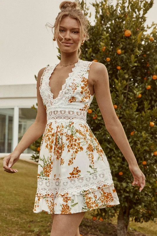 Indio Crochet Insert Deep V-Neckline Mini Dress Floral Print White/Orange Comfortable Polka Dot Mini Dress Indio Crochet Insert Deep V-Neckline Mini Dress Floral Print White/Orange Comfortable Polka Dot Mini Dress
