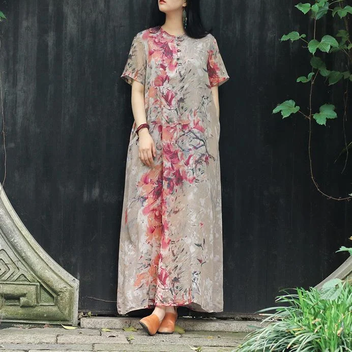 Italian Button Down Pockets Silk Cotton Tunics Fun Photography Floral Maxi Dresses Summer